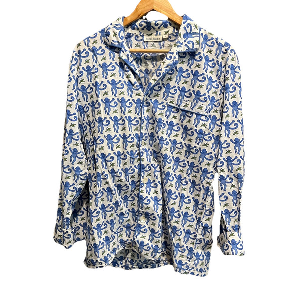 Roller Rabbit Blue Long Sleeve Button Up Lovely Monkey Print Pajama Top Size S - Picture 1 of 5